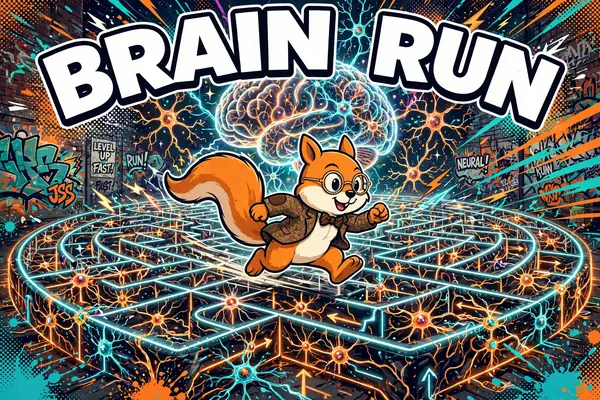 Brain Run cabinet art: Jack the squirrel running over a glowing brain maze