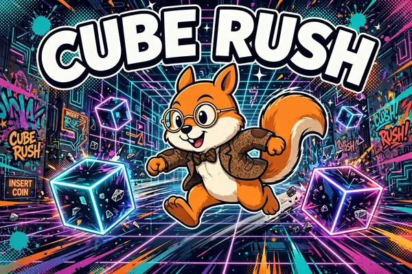 Cube Rush cabinet art: Jack the squirrel dodging glowing neon cubes