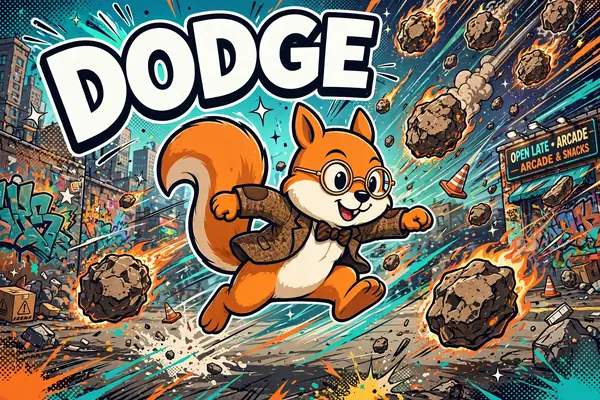 Dodge cabinet art: Jack the squirrel weaving through a storm of hazards