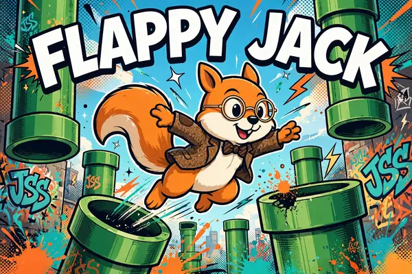 Flappy Jack cabinet art: Jack the squirrel flapping between green pipes