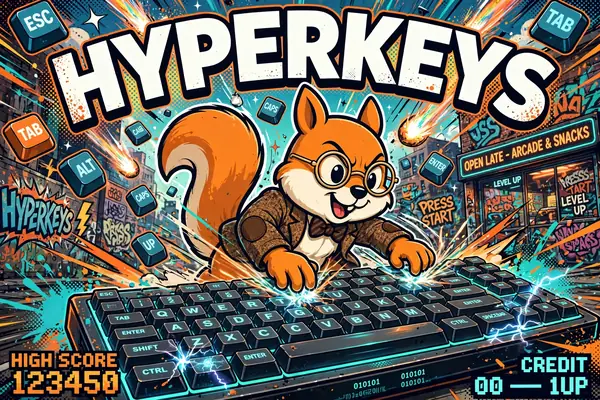 Hyperkeys cabinet art: Jack the squirrel playing a neon piano-tile keyboard