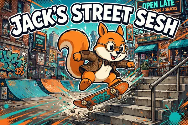 Jack's Street Sesh cabinet art: Jack the squirrel skateboarding through a city plaza