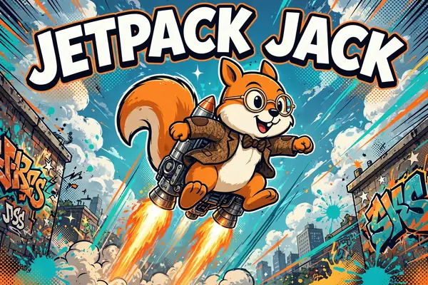 Jetpack Jack cabinet art: Jack the squirrel flying a jetpack through a lab