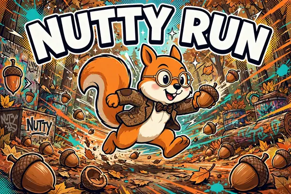 Nutty Run cabinet art: Jack the squirrel sprinting through a cartoon forest