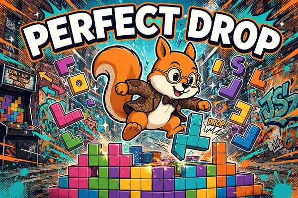 Perfect Drop cabinet art: Jack the squirrel balancing on a tall tower of blocks