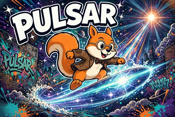 Pulsar cabinet art: Jack the squirrel riding a glowing star burst