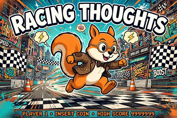 Racing Thoughts cabinet art: Jack the squirrel running through a twisting neon tunnel