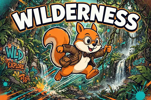 Wilderness cabinet art: Jack the squirrel hopping across a wild river landscape